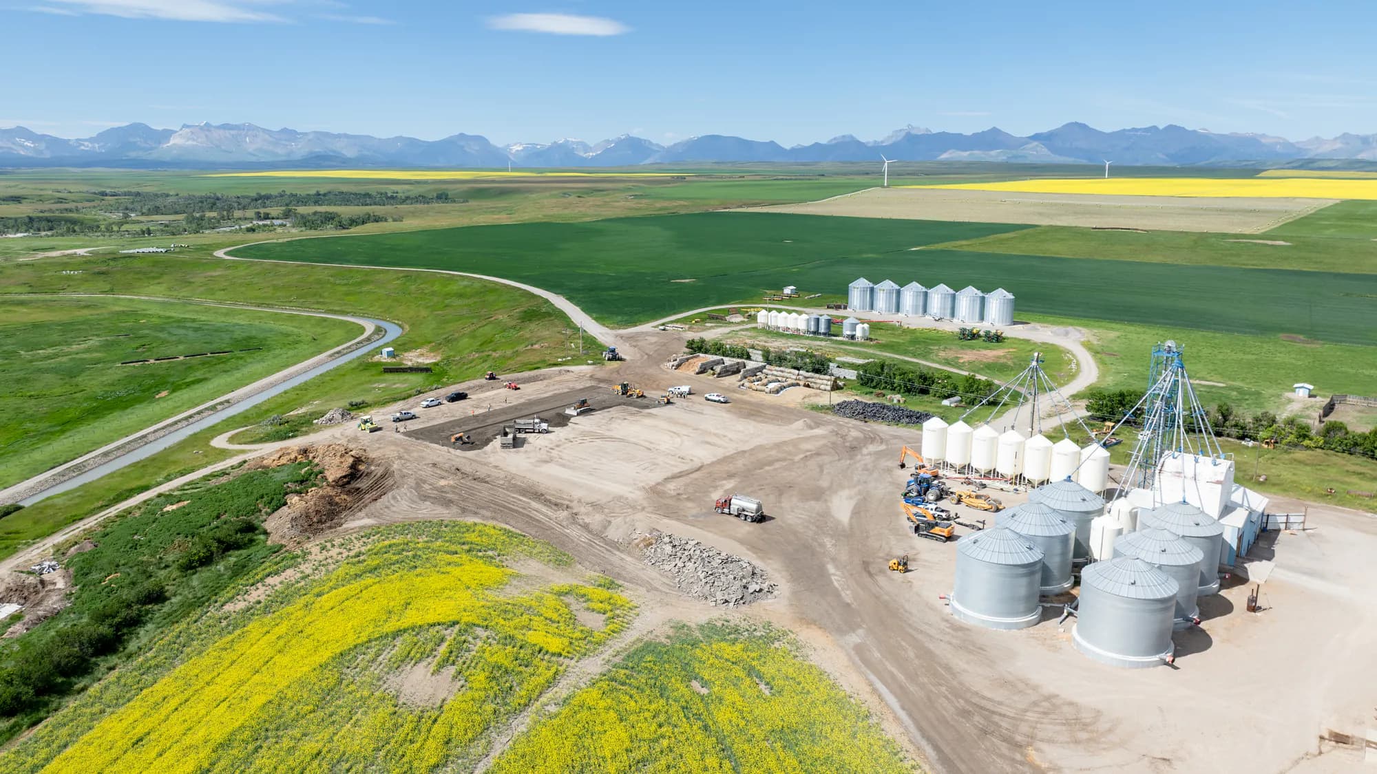 Aerial view of Subterrain sitework at a Southern Alberta agricultural operation with grain bins and fields